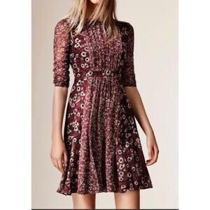 Burberry Brit NEW 100% Silk Floral Dress Size 12 US Lined Long Sleeves Pleaded